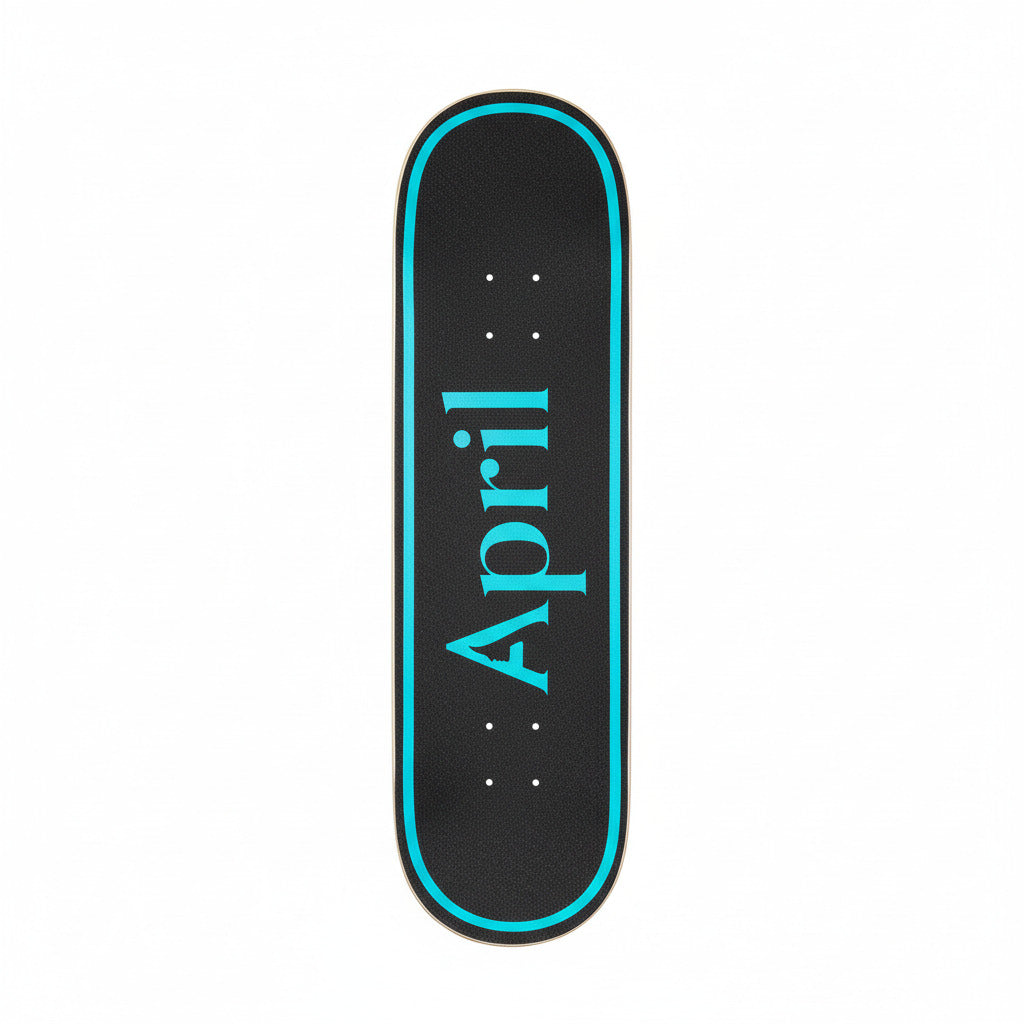 Planche de skate APRIL OG LOGO en bleu et noir, deck de la marque APRIL skateboard avec logo distinctif.