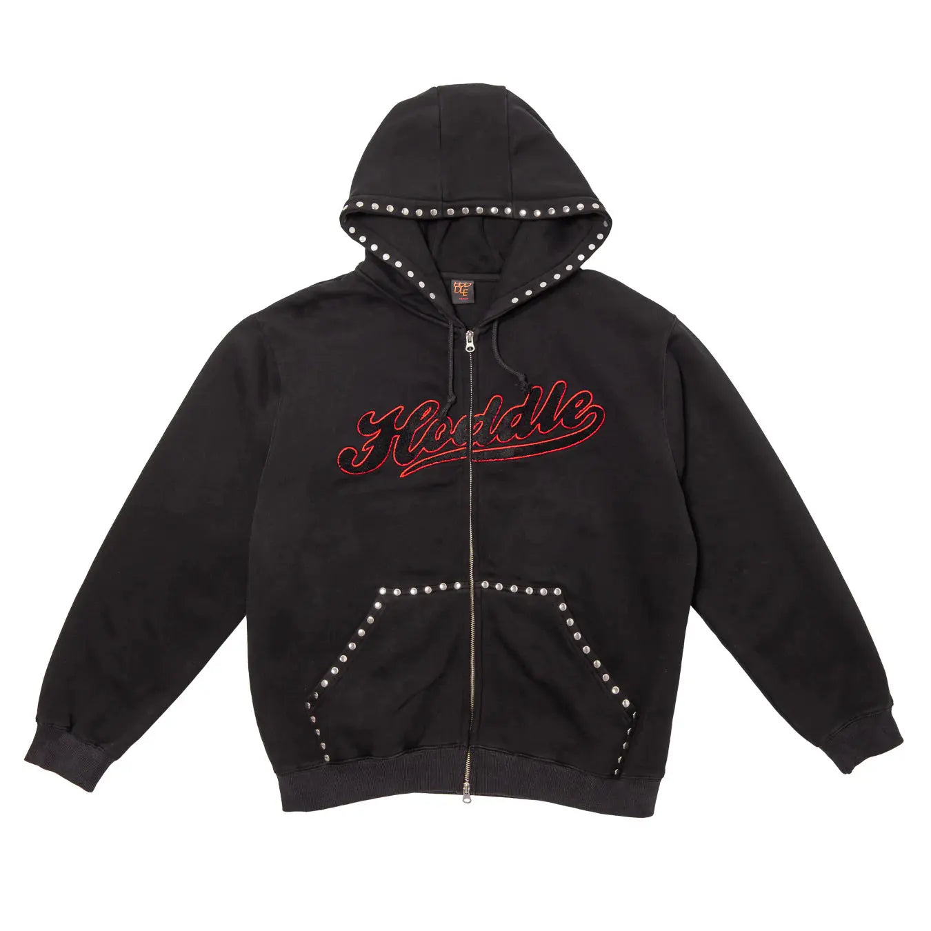 HODDLE STUDDED INTARSIA SCRIPT ZIP UP HOODIE BLACK Hoddle