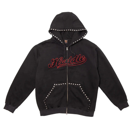 HODDLE STUDDED INTARSIA SCRIPT ZIP UP HOODIE BLACK Hoddle