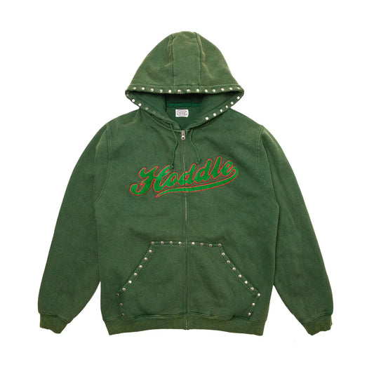 HODDLE STUDDED INTARSIA SCRIPT ZIP UP HOODIE WASHED GREEN Hoddle