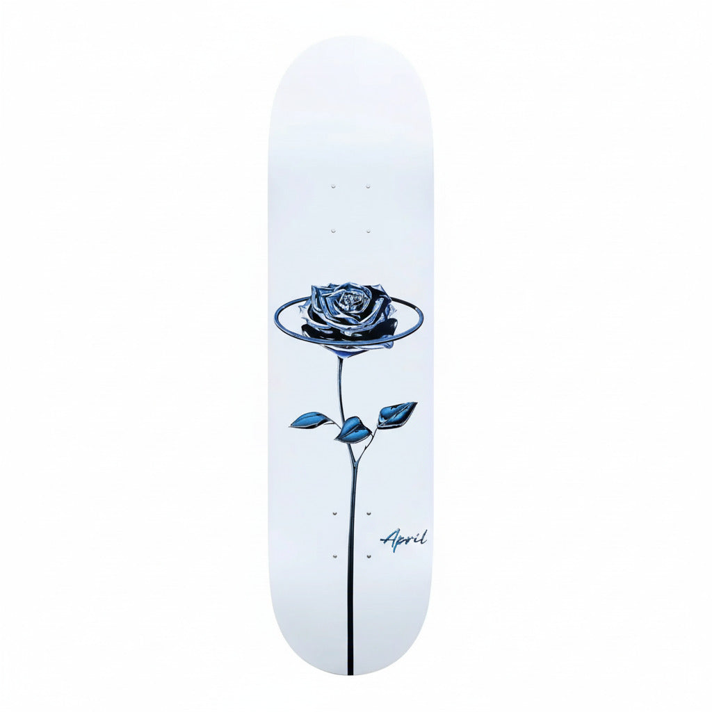 Plateau de skateboard APRIL Chrome Rose blanc, deck de skateboard robuste avec design chromé et blanc.