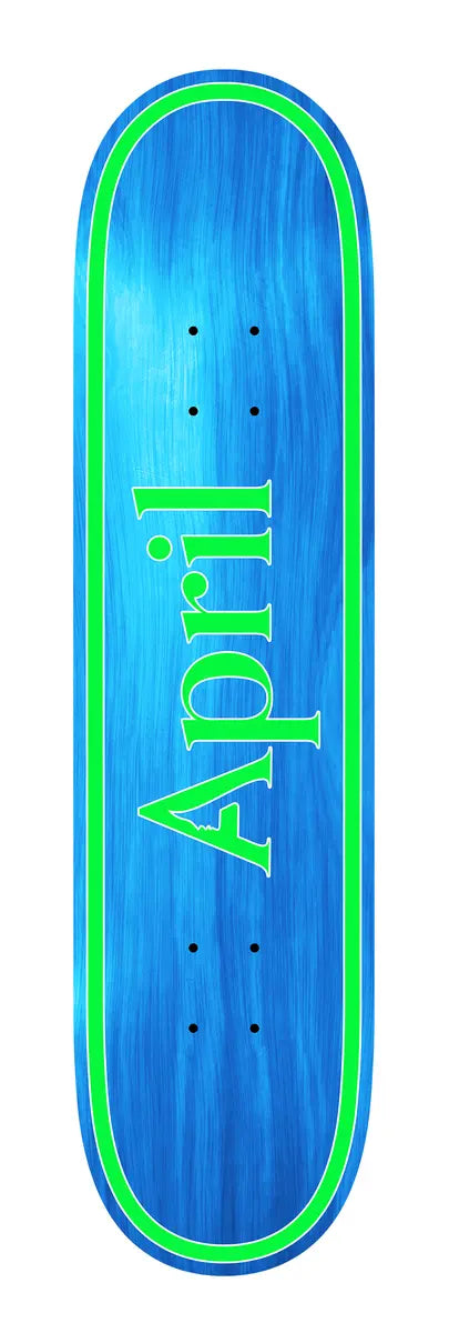 Planche de skateboard APRIL OG LOGO en bleu et vert, design de deck coloré par la marque APRIL skateboard.