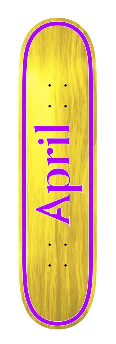 Planche de skateboard APRIL OG LOGO en jaune et violet, deck de la marque APRIL avec design coloré.