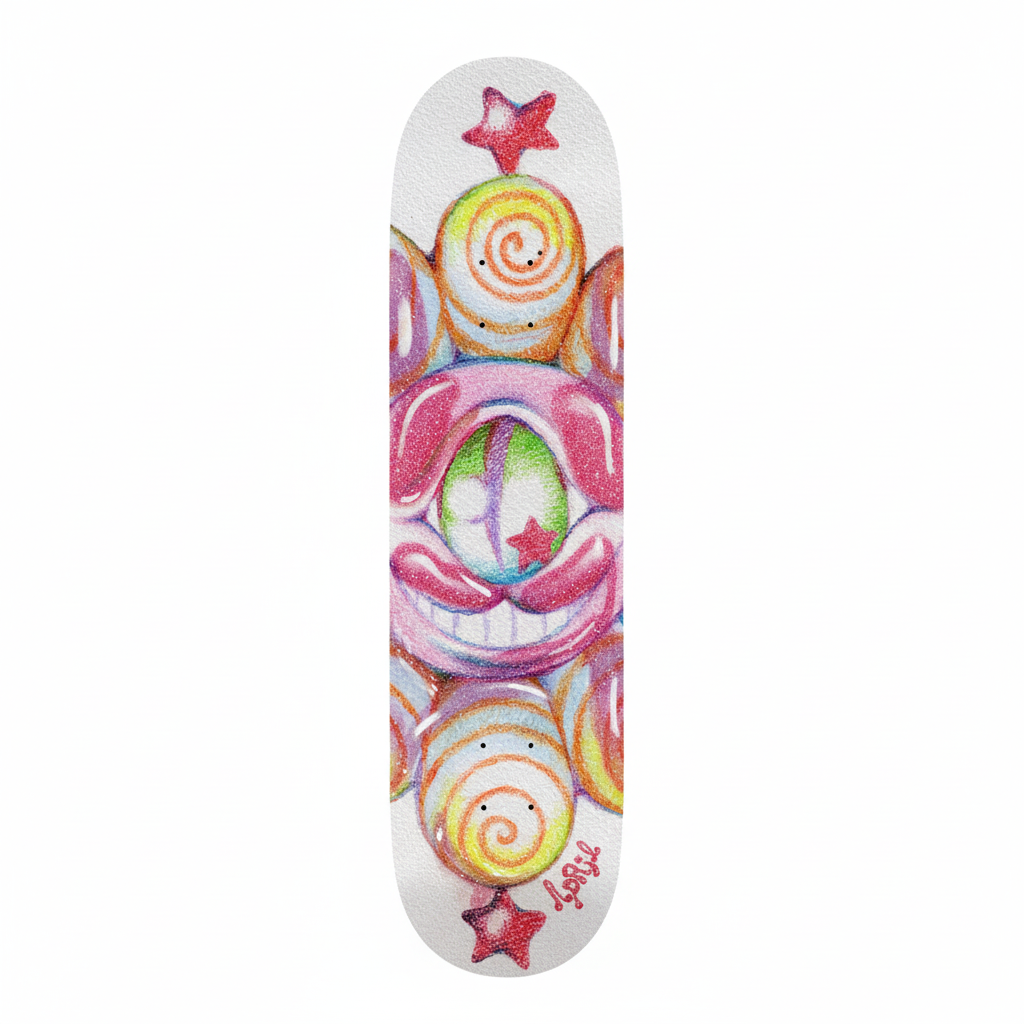 Planche de skateboard APRIL Yuto Horigome par Ema Gaspar, deck de skateboard coloré avec design artistique.