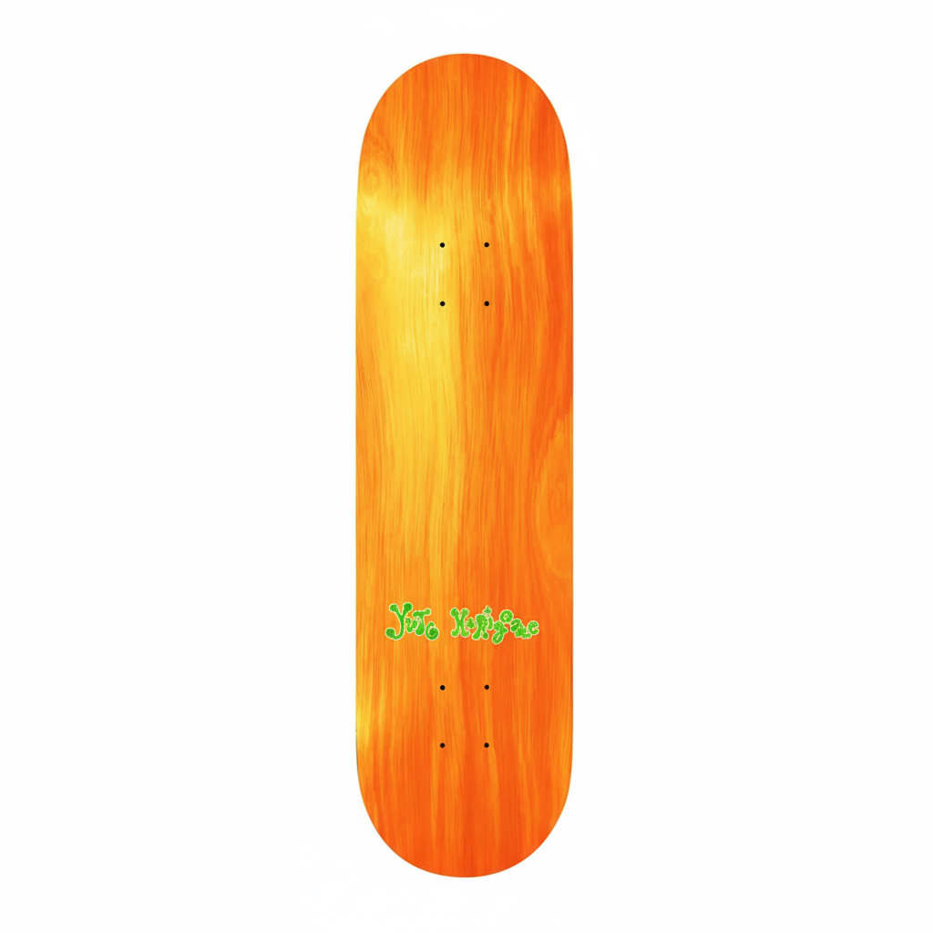 Plateau de skateboard APRIL Yuto Horigome par Ema Gaspar, vue du dessus, avec design coloré et logo APRIL.