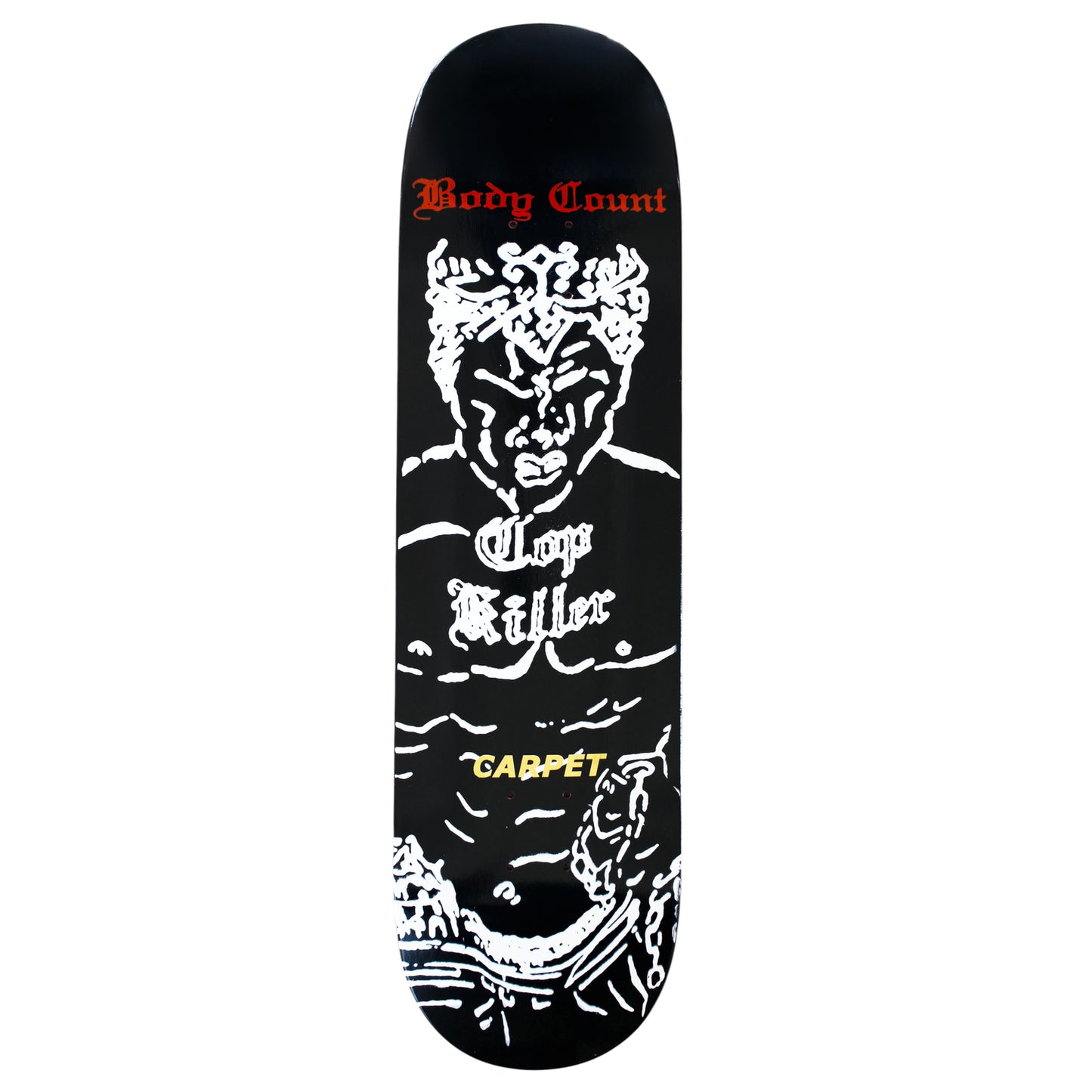 Planche de skateboard Carpet Body Count Deck 8.25, deck en bois solide avec graphique original, vue de face.