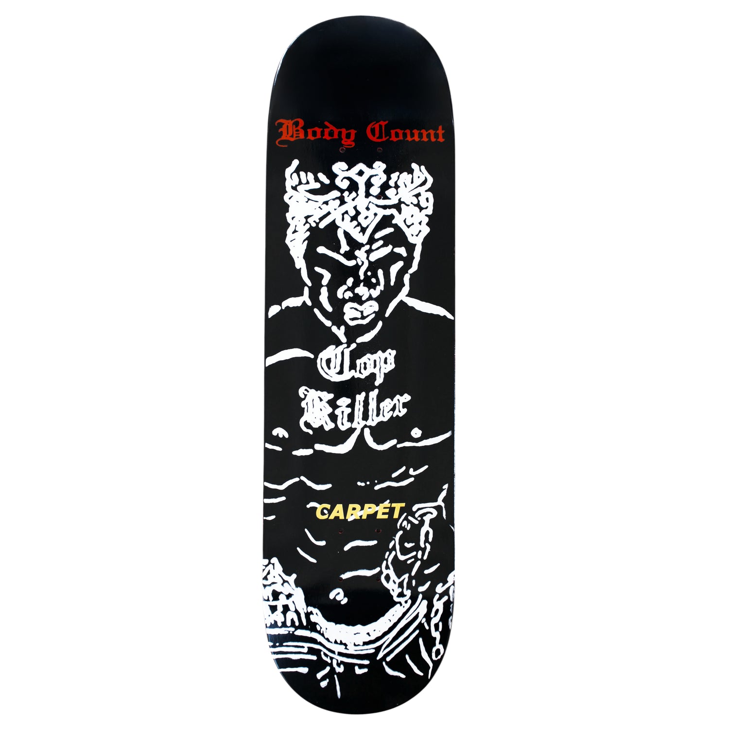 Planche de skateboard Carpet Body Count Deck 8.25, deck en bois solide avec graphique original, vue de face.