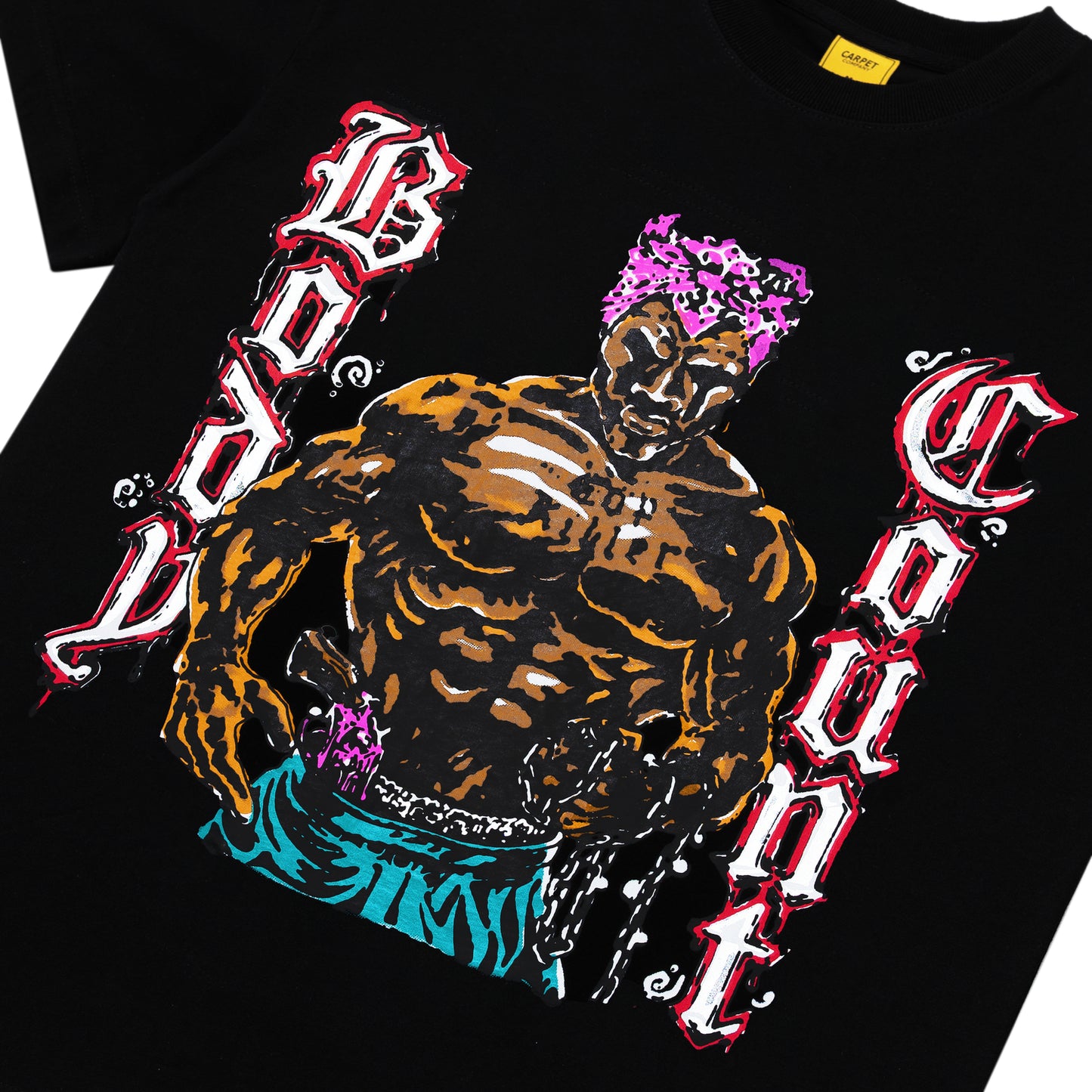 T-shirt noir de la marque Carpet avec graphique Body Count, tissu en coton, porté sur mannequin.