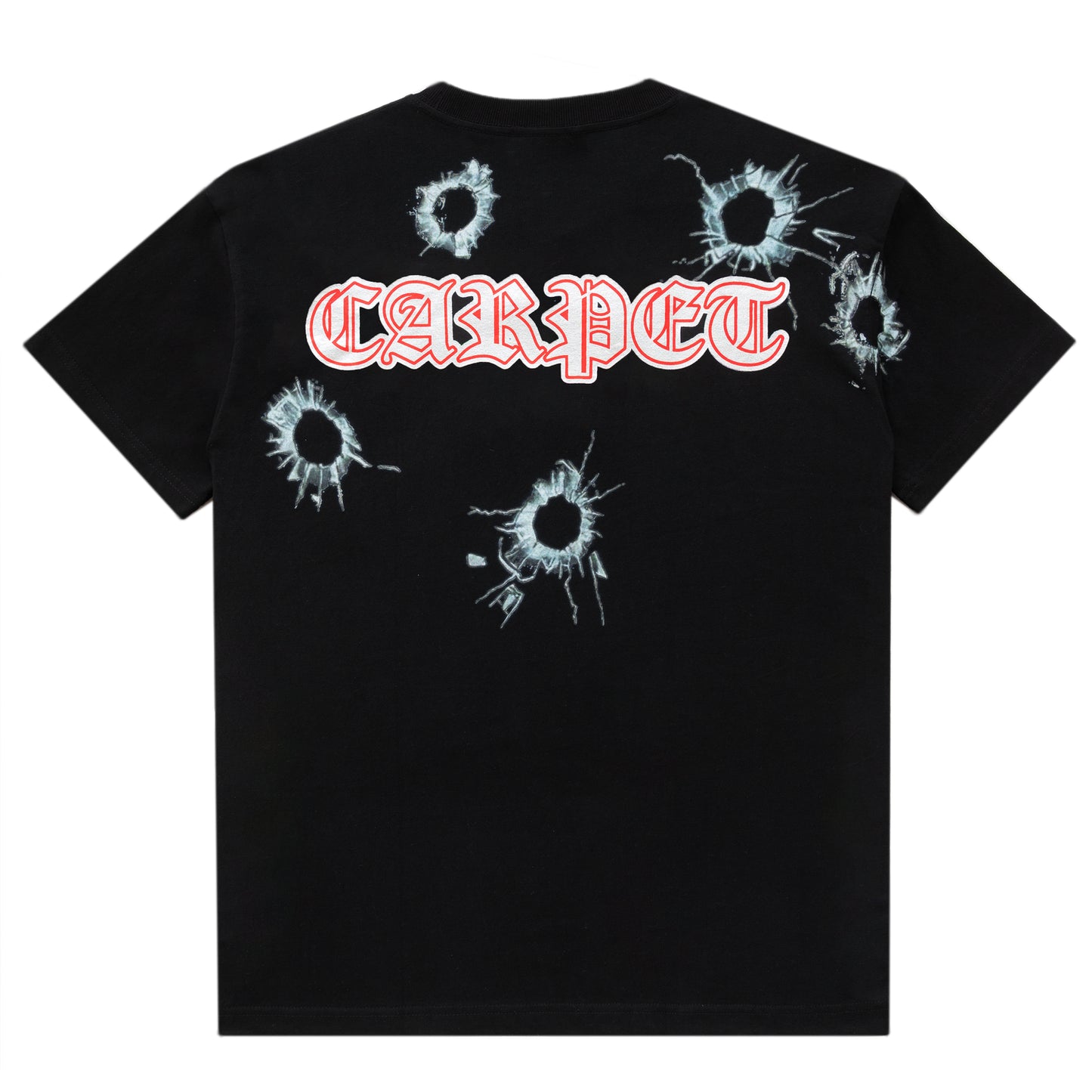 T-shirt noir Carpet Body Count avec logo graphique blanc, coton confortable, porté sur mannequin.
