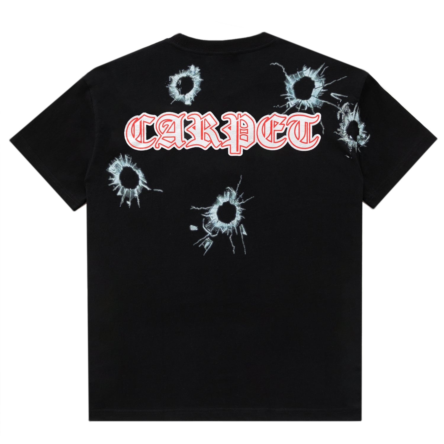 T-shirt noir Carpet Body Count avec logo graphique blanc, coton confortable, porté sur mannequin.