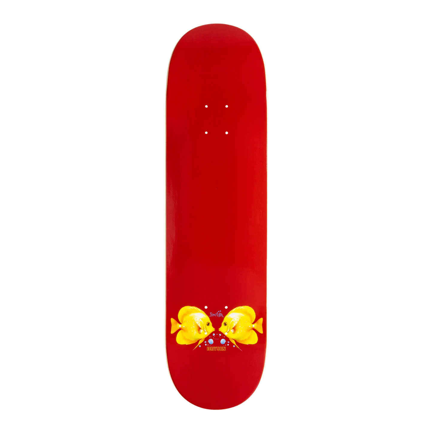Planche de skateboard Swim Skateboards Justin Drysen Fishy modèle pro, vue du dessous, avec graphique coloré et détails de la planche.