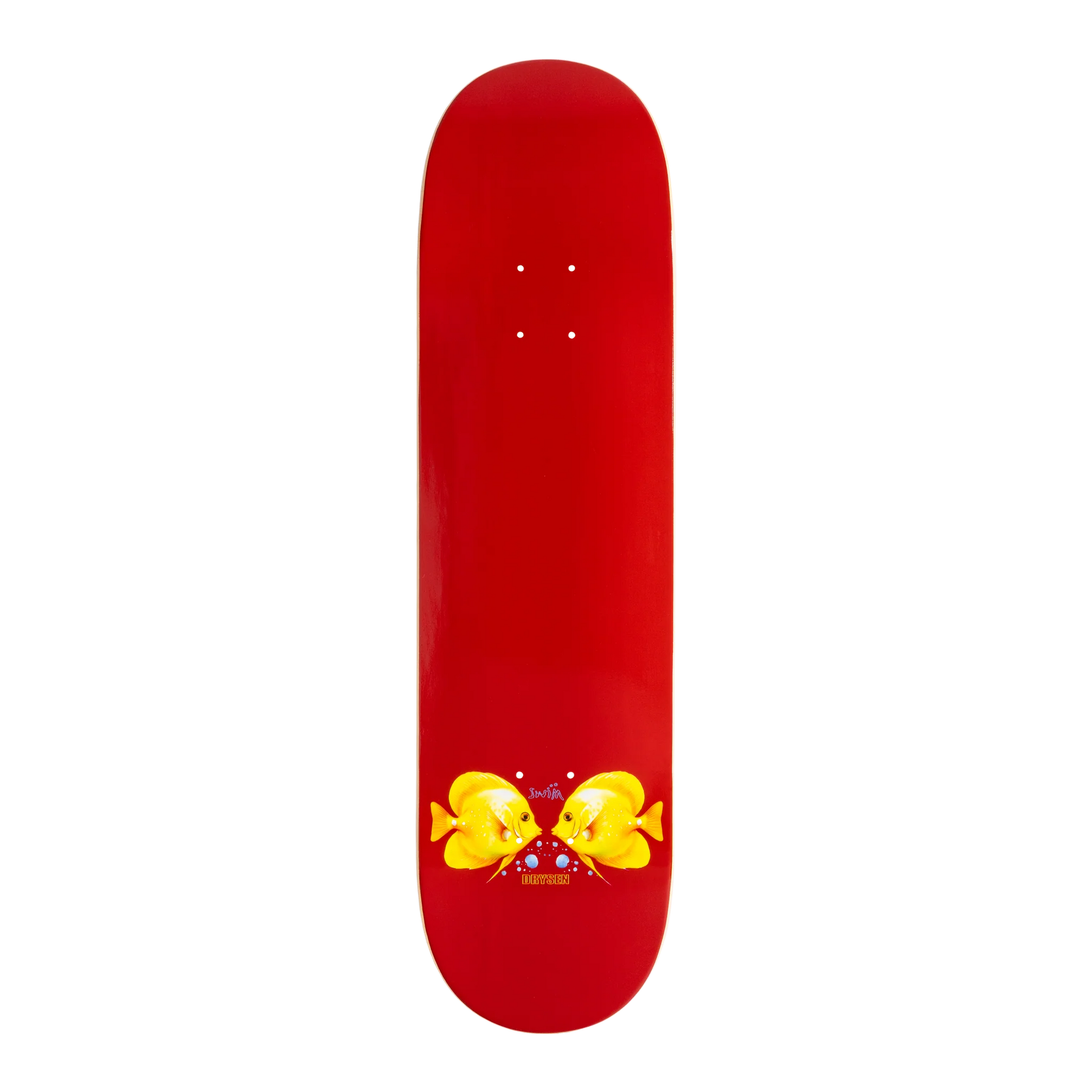 Planche de skateboard Swim Skateboards Justin Drysen Fishy modèle pro, vue du dessous, avec graphique coloré et détails de la planche.