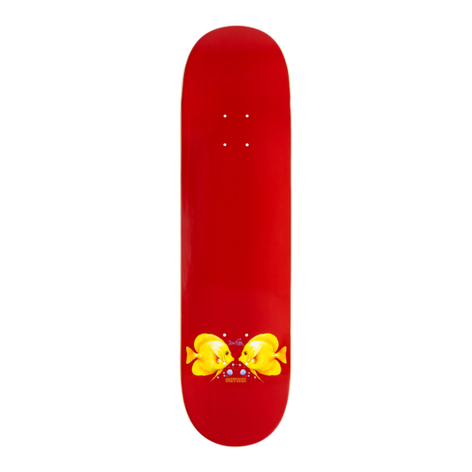 Planche de skateboard Swim Skateboards Justin Drysen Fishy modèle pro, vue du dessous, avec graphique coloré et détails de la planche.