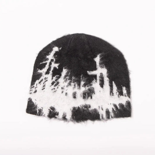 HODDLE  FAUX MOHAIR SKULL BEANIE BLACK / WHITE Hoddle