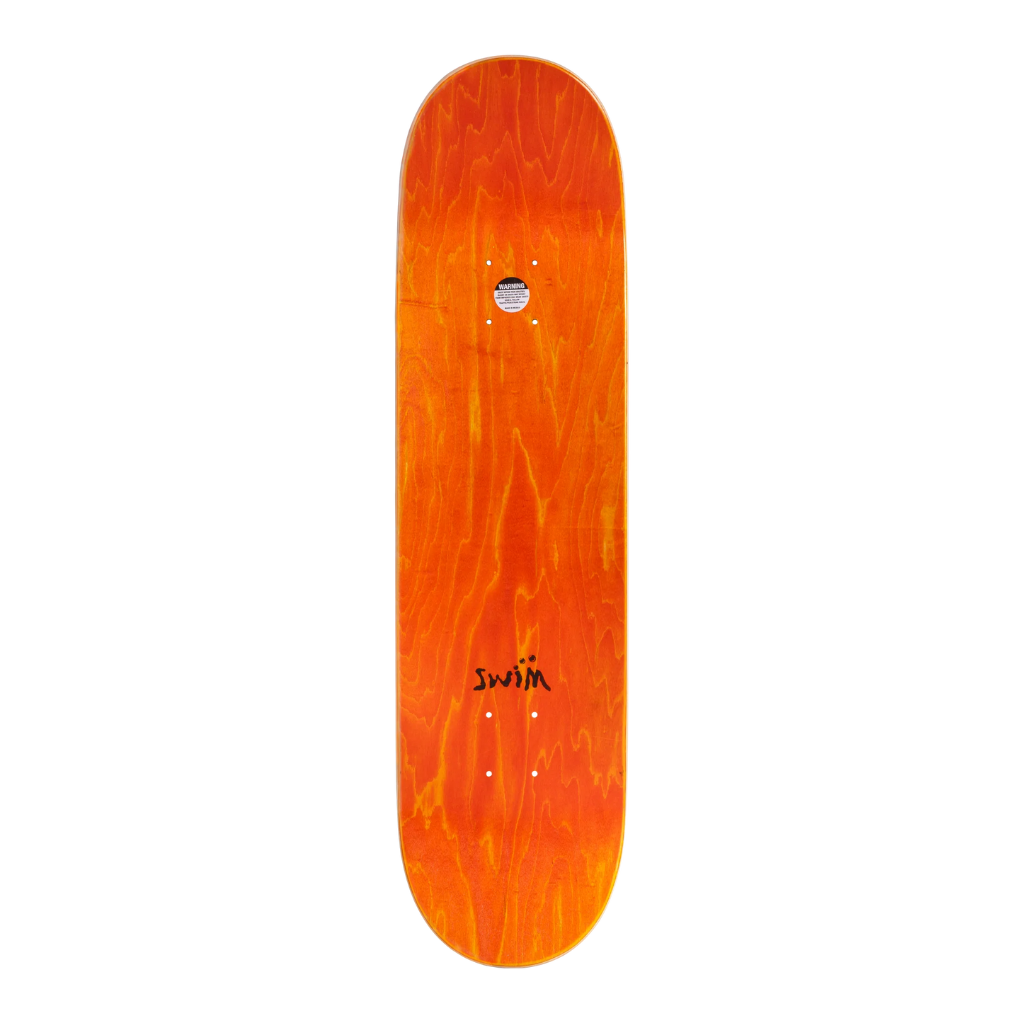 Planche de skateboard Swim Skateboards Justin Drysen Fishy Pro Model avec dessus orange, vue de face, en bois robuste