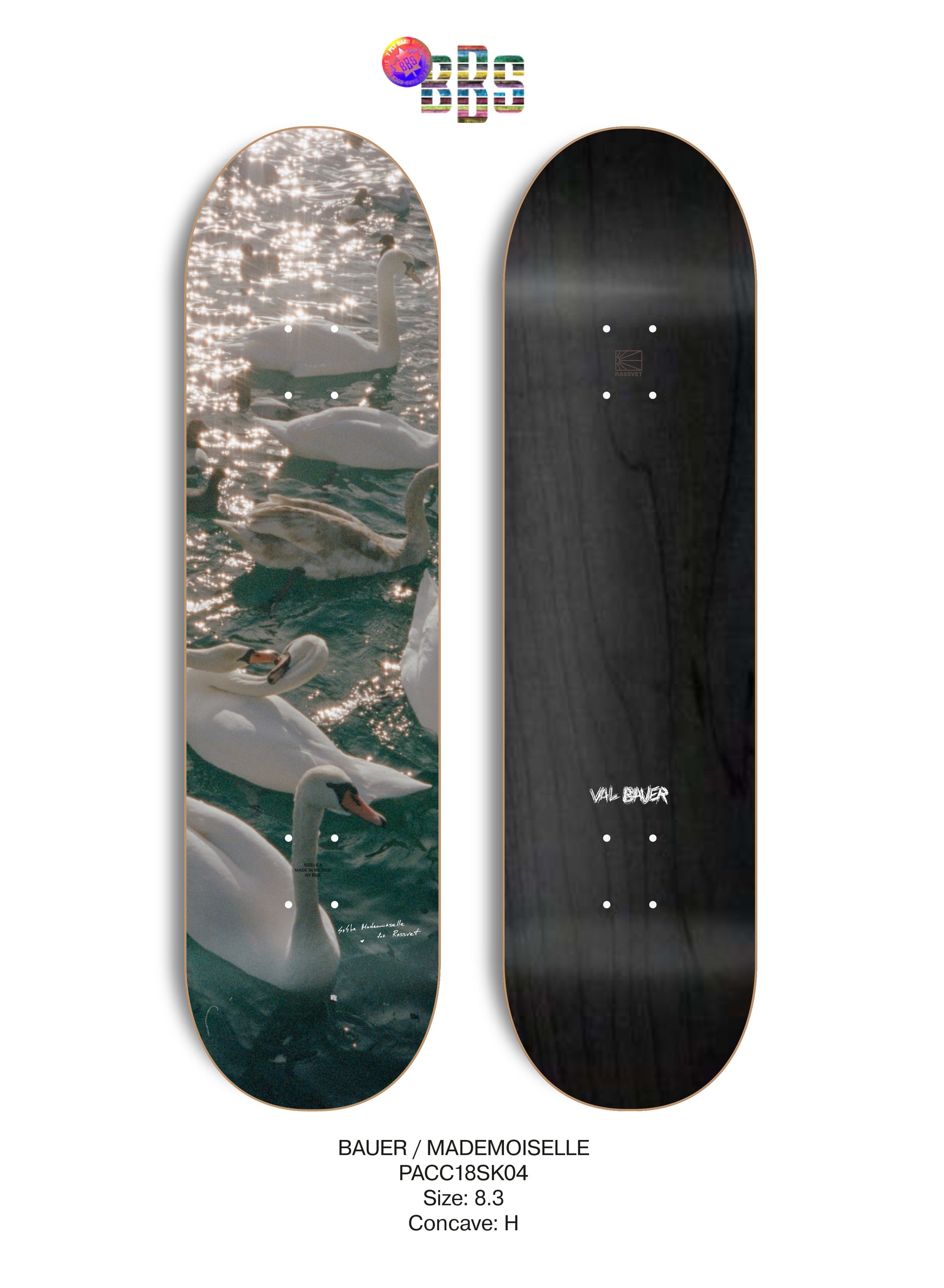 Planche de skateboard RASSVET Bauer Mademoiselle Deck 8.3 en bois avec graphismes colorés.